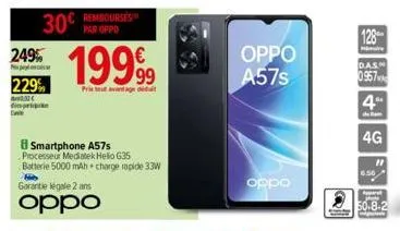 n  30€  229%  ( prie  rembourses par oppo  smartphone a57s  processeur mediatek hello g35 batterie 5000 mah charge rapide 33w  pris tout avantage det  oppo a57s  oppo  128  das  0957  4"  4g  "1  