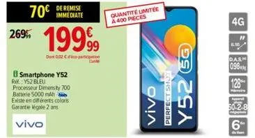 269%  19999⁹9  dont 0,02 co-participation  smartphone y52 re: y52 bleu  processeur dimens by 700 batterie 5000 mah existe en différents colors garantie légale 2 ans  vivo  quantité limitée  a 400 piec