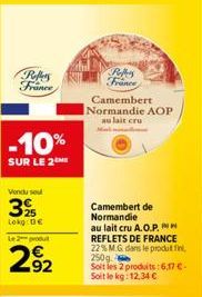 Refers France  -10%  SUR LE 2  Vendu seu  3%  Lokg: De Le 2 produit  292  Poffes France  Camembert Normandie AOP au lait cru  Camembert de Normandie au lait cru A.O.P.IN REFLETS DE FRANCE 22% MG dans 