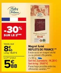 Reflets France  -30%  SUR LE 2 ME  Vendu seul  8%  Lekg: 46.67 € Le 2 produt  588  Magres Casa  Magret fumé REFLETS DE FRANCE IN Existe aussi en magret séché ou au piment d'Espelette, 2x90 g  Soit les