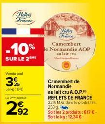 Reffers  France  -10%  SUR LE 2  Vendu soul  35  Lekg: Be  Le 2 produit  292  Camembert  le Normandie AOP  au lait cru  Refers France  M  Camembert de Normandie  au lait cru A.O.P. REFLETS DE FRANCE 2
