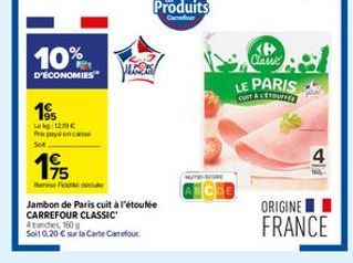 10%  D'ÉCONOMIES  19  Lekg: 12:19 € Payeen cause Sot  195  Remise Fooldu  Jambon de Paris cuit à l'étoutée  CARREFOUR CLASSIC  4ches 160 g  Soit 0,20 € sur la Carte Carrefour  MUTH-SCORE  CSB  Clawe  