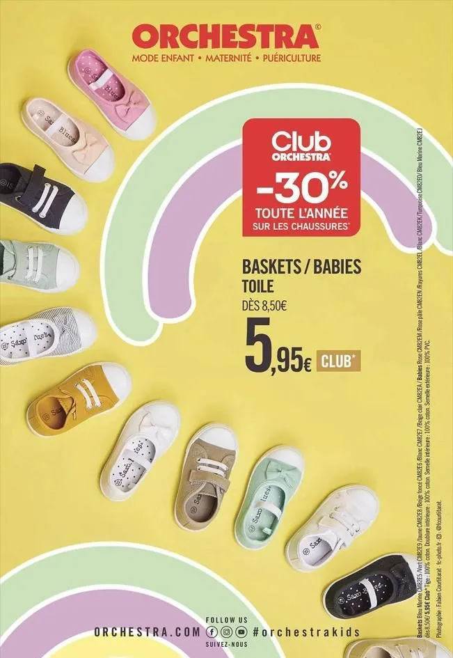 suivez-nous  orchestra.com oo #orchestrakids  follow us  saxt  saxo lues  saxo.1  2  @ s&ap cuest  fuel  5,95€  ,95€ club*  cm82e8/beige foncé cm82e6/blanc cm82e7/beige clair cm8zea/babies  baskets bl