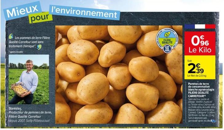 Mieux  pour  Les pommes de terre Filière Qualité Carrefour sont sans traitement chimique" *apres récolte  Stanislas,  Producteur de pommes de terre, Filière Qualité Carrefour depuis 2007. Sailly-Flibe