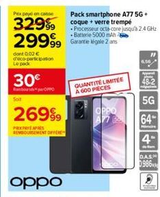 Prix payé en canse  329 coque + verre trempé  dont 0,02€ d'eco-participation Le pack  29999 Garantie legale 2 ans  30€  Rambours par OPPO  Soit  26999  PRIXPAYE APRES REMBOURSEMENT DIFFERE  Pack smart