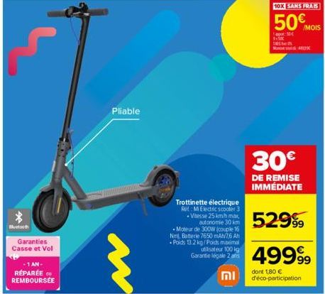 tooth  Garanties Casse et Vol  AN-RÉPARÉE REMBOURSÉE  Pliable  Trottinette électrique Re: Mi Electric scooter 3 Vitesse 25 km/h max autonomie 30 km  -Moteur de 300W (couple 16 Nml, Batterie 7650 mAh/7