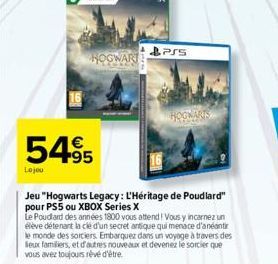 5495  Lojou  PSS  Jeu "Hogwarts Legacy: L'Héritage de Poudlard" pour PS5 ou XBOX Series X  Le Poudlard des années 1800 vous attend ! Vous y incarnez un élève détenant la clé d'un secret antique qui me