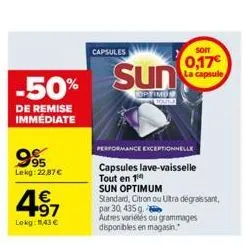 -50%  de remise immédiate  9.95  lekg: 22,87€  4⁹7  €  lokg: 11,43 €  capsules  sun  optime  performance exceptionnelle  capsules lave-vaisselle tout en 14  soit  0,17€ la capsule  sun optimum  standa