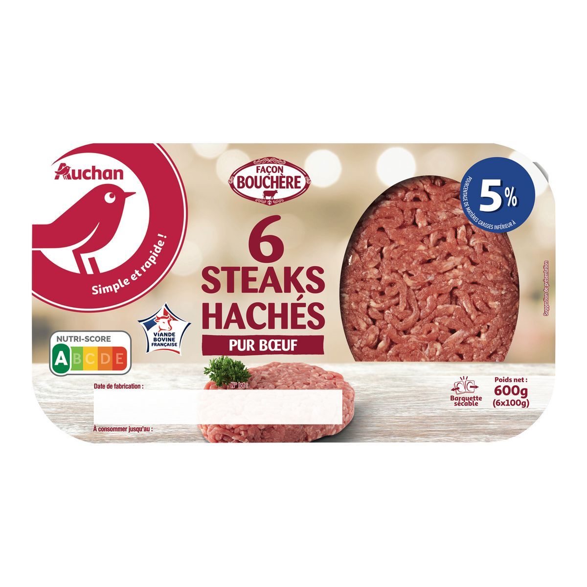 6 STEAKS HACHÉS PUR BŒUF FAÇON BOUCHÈRE AUCHAN