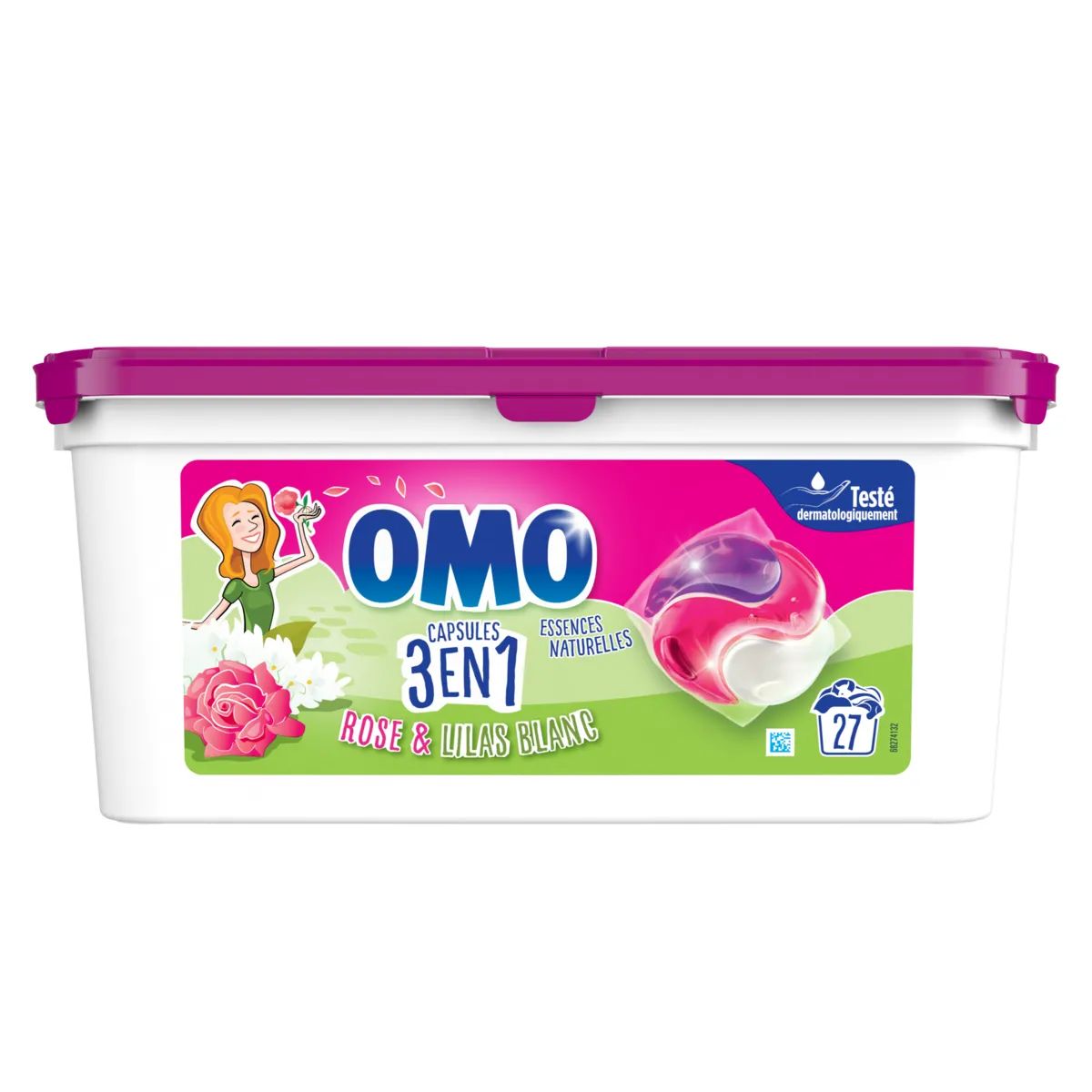 lessive capsule rose et lilas blanc omo