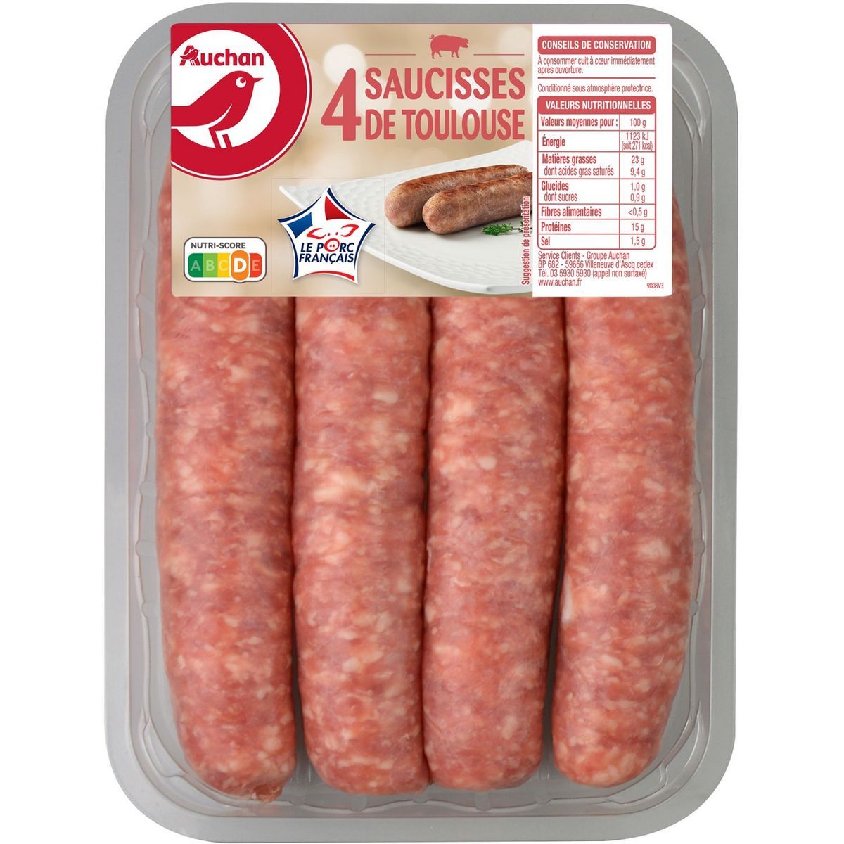 4 SAUCISSES DE TOULOUSE AUCHAN