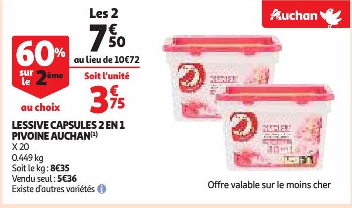 LESSIVE CAPSULES 2 EN 1 PIVOINE AUCHAN