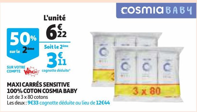 MAXI CARRÉS SENSITIVE 100% COTON COSMIA BABY