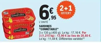 cuines  connetable  sardins  conne table  2+1  offert  6€  ,95  l'unité sardines "connétable"  3 x 135 g (405 g). le kg: 17,16 €. par 3 (1,215 kg): 13,90 € au lieu de 20,85 €. le kg: 11,44 €. différen