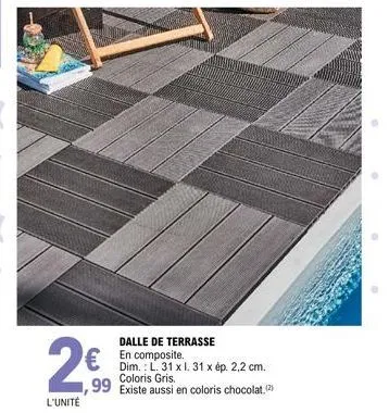 2  l'unité  dalle de terrasse  € en composite  dim.: l. 31 x l. 31 x ép. 2,2 cm. coloris gris.  ,99 existe aussi en coloris chocolat (2) 