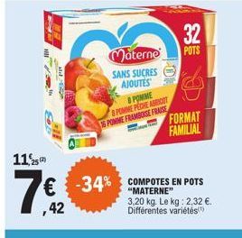 11,25  ,42  Materne  SANS SUCRES AJOUTES  POMME 8POMME PECHE ABRICOT 16 POMME FRAMBOISE FRAISE  -34% COMPOTES EN POTS  "MATERNE"  3,20 kg. Le kg: 2,32 €. Différentes variétés(¹)  32  POTS  9  FORMAT F