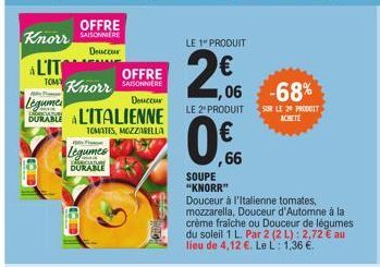 OFFRE  Deuccur  Knorr S  ALIT  Legumes  CARRY  DURABLE  OFFRE Knorr SABONNIERE  Douceur  Legume  DURABLE A ALITALIENNE  TOMATES, MOZZARELLA  LE 1" PRODUIT  0€.0  ,06  -68%  LE 2 PRODUIT SUR LE 20 PROD