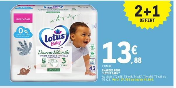 NOUVEAU  0%  LOTION COLERANT PREFORALLONGE  GES  Lotus  Baby  Douceur Naturelle  MATIÈRE D'ORIGINE NATURELLE  3  5-KO  ALAP  COUCHES  E  43  COUCHES  13€  88  L'UNITÉ CHANGES BEBE "LOTUS BABY"  Au cho