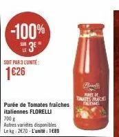 -100% 3*  soit par 3 l'unité  1626  purée de tomates fraîches italiennes florelli  700 g  autres variétés disponibles le kg: 2€70-l'unité: 189  rowell  purée de tomates fraiches tenne 