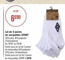Lot de 5 paires de socquettes SPORT  58% coton 40% polyester 2% elasthanne  Du 39/42 au 43/46  LE LOT  6690 