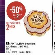 -50% 2⁹"  SOIT PAR 2 L'UNITÉ:  2€03  SAINT ALBRAY  Comand  eatie  A SAINT ALBRAY Gourmand & Crémeux 33% M.G.  200 g  Le kg: 13650-L'unité:2€70 