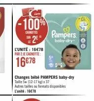 -100%  carottes sur  l'unité: 16€78 par 2 je cagnotte:  16€78  changes bébé pampers baby-dry taile 5+ (12-17 kg) x 37 autres tailles ou formats disponibles l'unité: 16€78  pampers baby-dry-