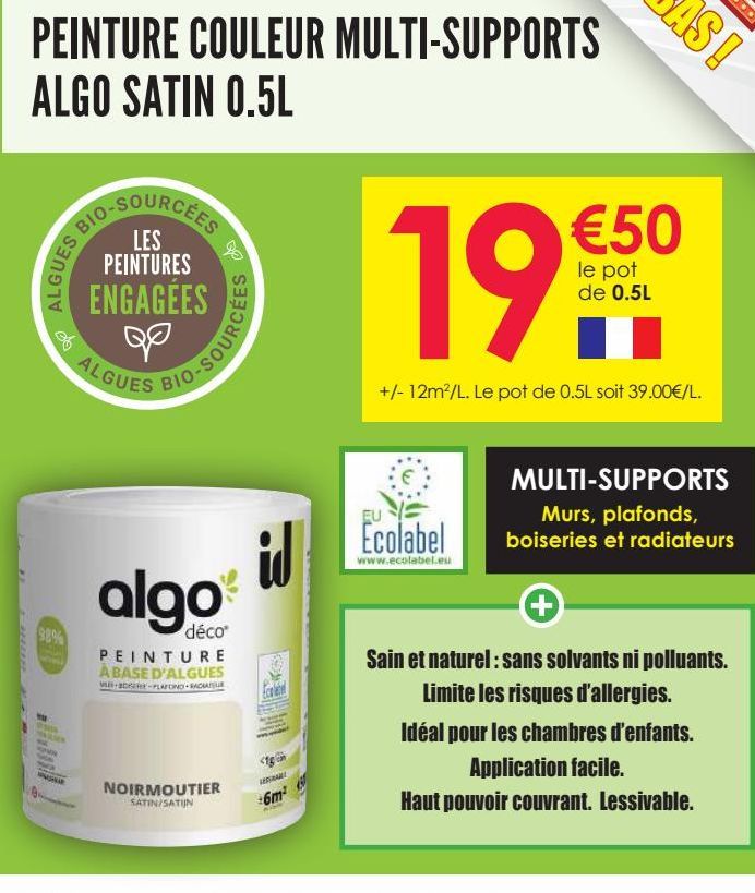 peinture couleur multi-supports à base d’algues bio-sourcées Algo satin 0.5L