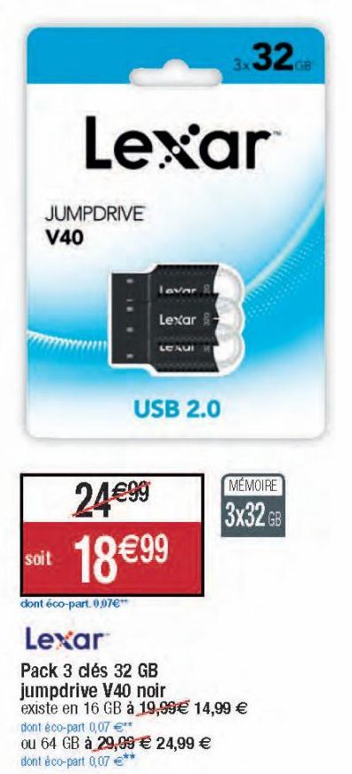 Lexar Pack 3 clés 32 GB jumpdrive V40 noir 