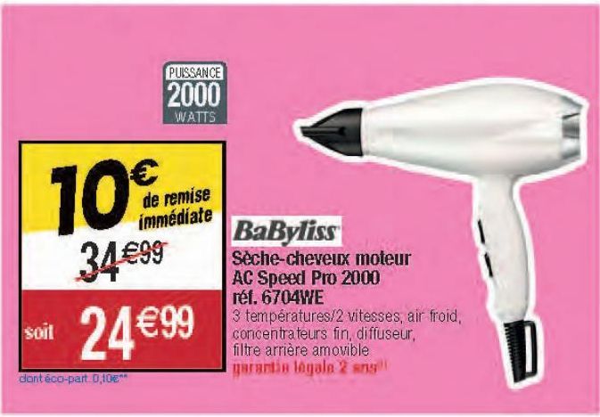 Babyliss Séche-cheveux moteur AC Speed Pro 2000 réf. 6704we
