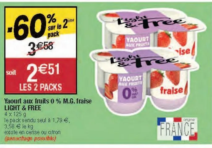 yaourt aux fruits 0 % m.g. fraise light & free