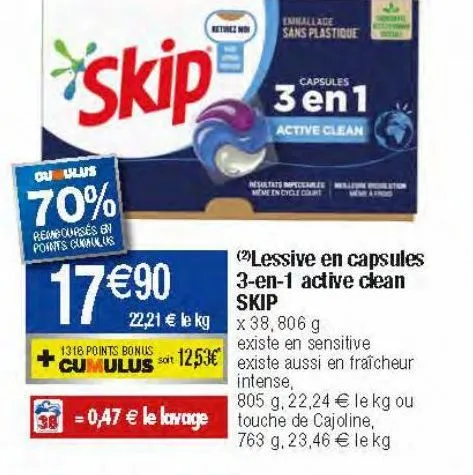 lessive en capsules 3-en-1 active clean skip