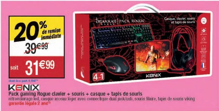 konix pack gaming rogue clavier + souris + casque+ tapis de souris