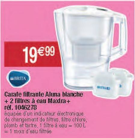 Carafe filtrante Aluna blanche + 2 filtres à eau Maxtra + réf. 1046278