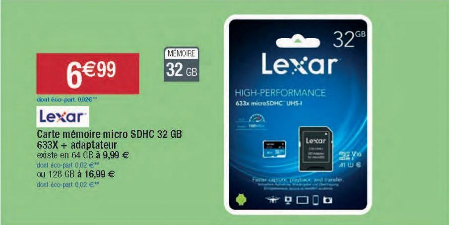 Carte mémorie micro SDHC 32 GB 633X + adaptateur 