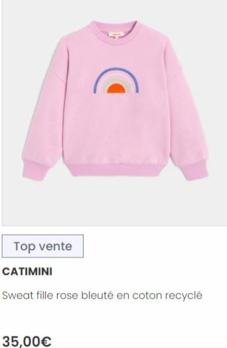 Top vente  CATIMINI  Sweat fille rose bleuté en coton recyclé  35,00€  