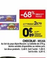 chocolat - milka au lait du pays alpin/nussini. la tablette de 270 g. autres variétés disponibles au même prix.  les deux produits: 3,68 €. soit l'unité: 1,84 €. soit le kilo: 6,81 €.  -68%  sur le 2 