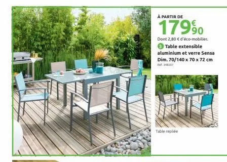 à partir de  179⁹0  dont 2,80 € d'éco-mobilier. 3 table extensible aluminium et verre sensa dim. 70/140 x 70 x 72 cm  ref. 148207  table repliée 