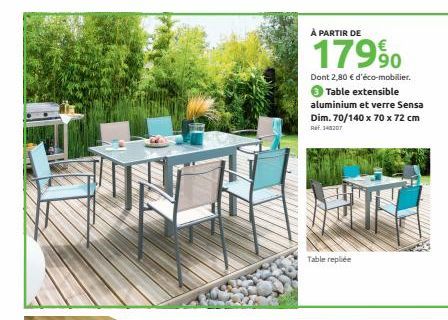 À PARTIR DE  179⁹0  Dont 2,80 € d'éco-mobilier. 3 Table extensible aluminium et verre Sensa Dim. 70/140 x 70 x 72 cm  Ref. 148207  Table repliée 