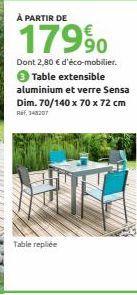 À PARTIR DE  179⁹0  Dont 2,80 € d'éco-mobilier. 3 Table extensible aluminium et verre Sensa Dim. 70/140 x 70 x 72 cm  Ref. 148207  Table repliée 