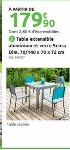 à partir de  179⁹0  dont 2,80 € d'éco-mobilier. 3 table extensible aluminium et verre sensa dim. 70/140 x 70 x 72 cm  ref. 148207  table repliée 