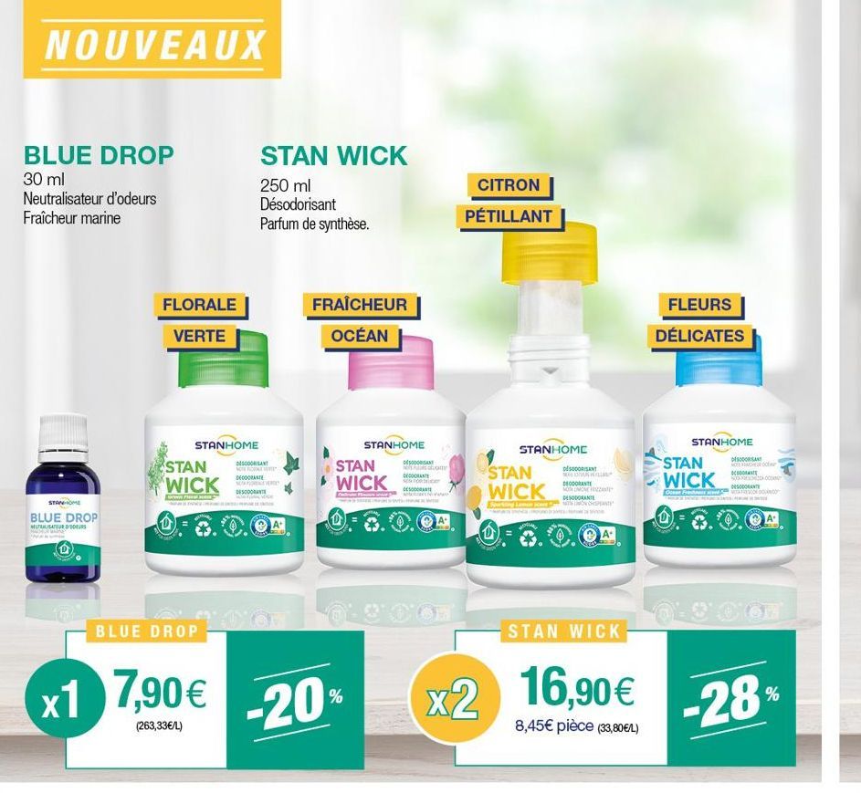 NOUVEAUX  BLUE DROP  30 ml  Neutralisateur d'odeurs Fraîcheur marine  STANHOME  BLUE DROP  METSATEUR D  FLORALE  VERTE  STANHOME  STAN WICK  Green Pa  BLUE DROP  STAN WICK  250 ml Désodorisant Parfum 