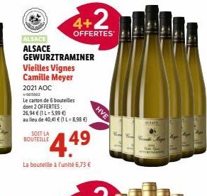 ALSACE ALSACE  2021 AOC  n-5615302  GEWURZTRAMINER  Vieilles Vignes  Camille Meyer  SOIT LA BOUTEILLE  Le carton de 6 bouteilles dont 2 OFFERTES: 26,94 € (1L-5,99 €)  au lieu de 40,41 € (1 L-8,98 €)  