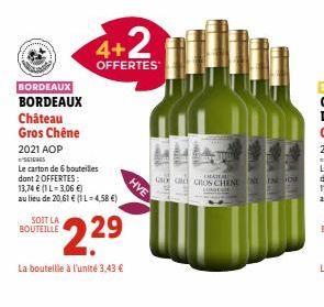 BORDEAUX  BORDEAUX  SOIT LA BOUTEILLE  Château Gros Chêne  2021 AOP  SG10965  Le carton de 6 bouteilles  dont 2 OFFERTES:  13,74 € (1 L=3,06 €)  au lieu de 20,61 € (1 L=4,58 €)  229  La bouteille à l'