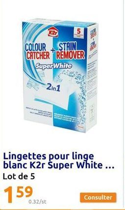 K2r  COLOUR STAIN CATCHER REMOVER Super White  2in1  COATS  0.32/st  Lingettes pour linge blanc K2r Super White... Lot de 5  159 