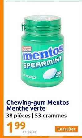 DEWING  mentos SPEARMINT  38 PIECE  37.55/ka  Chewing-gum Mentos Menthe verte  38 pièces | 53 grammes  199⁹  Consulter 
