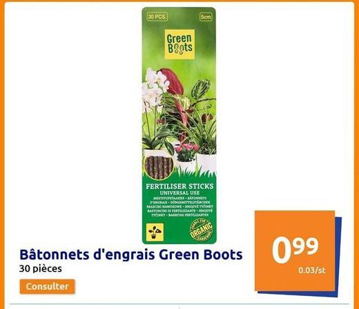 Bâtonnets d'engrais Green Boots 30 pièces  Consulter  30 PCS.  FERTILISER STICKS  UNIVERSAL USE  Green Boots  MESTSTOFSTAAF  PENCAIS DONGEMITTELTÄCHEN PALECTO NADOME-HOTYY BASTONCINI DE FERTILIZANTE-V