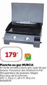 179€  Plancha au gaz MURCIA En fonte émaille Coloris gris type de gaz  butane. Puissance des brûleurs 6 KW. Récupérateur de graisses intégré Pour plus de 8 convives. Dim. L 635 x L 46 x H 26,5 cm 8265