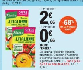 Knorr  ALITALIENNE  TOMS, MOZZILLA  Bo Knorr  OFFRE  Legumes DURANE  ALITALIENNE  TOMMES, MOZZARELLA  OFFRE  Decor  LE 1 PRODUIT  2€  LE 2¹ PRODUIT  ,06 -68%  ,66  SUR LE 20 PRODUIT ACHETE  SOUPE  "KN