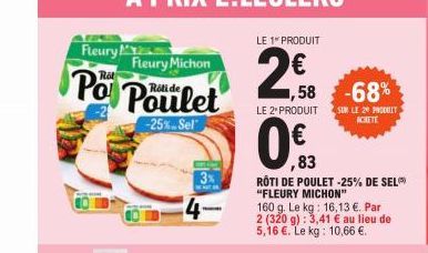 Fleury M  Fleury Michon  Po Poulet  -25% Sel  LE 1 PRODUIT  2€  LE 2* PRODUIT  1,58 -68%  SUR LE 20 PRODUIT ACHETE 