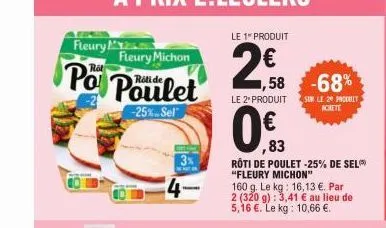 fleury m  fleury michon  po poulet  -25% sel  le 1 produit  2€  le 2* produit  1,58 -68%  sur le 20 produit achete 